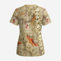 Beige Palaka Hawaiian And Japanese Scrub Top Sakura Lei With Koi Fish - Polynesian Pride