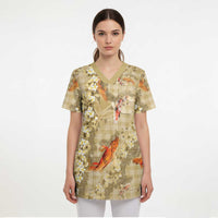 Beige Palaka Hawaiian And Japanese Scrub Top Sakura Lei With Koi Fish - Polynesian Pride