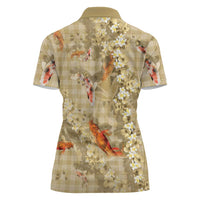 Beige Palaka Hawaiian And Japanese Women Polo Shirt Sakura Lei With Koi Fish DT05 - Polynesian Pride