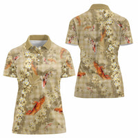 Beige Palaka Hawaiian And Japanese Women Polo Shirt Sakura Lei With Koi Fish DT05 - Polynesian Pride
