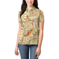 Beige Palaka Hawaiian And Japanese Women Polo Shirt Sakura Lei With Koi Fish DT05 - Polynesian Pride