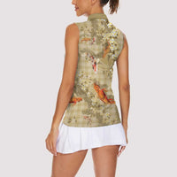 Beige Palaka Hawaiian And Japanese Women Sleeveless Polo Shirt Sakura Lei With Koi Fish DT05 - Polynesian Pride