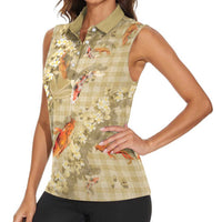 Beige Palaka Hawaiian And Japanese Women Sleeveless Polo Shirt Sakura Lei With Koi Fish DT05 - Polynesian Pride