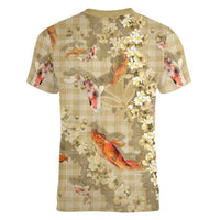 Beige Palaka Hawaiian And Japanese Women V-Neck T-Shirt Sakura Lei With Koi Fish DT05 - Polynesian Pride