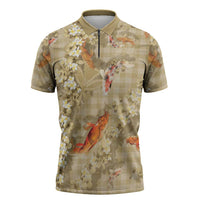 Beige Palaka Hawaiian And Japanese Zipper Polo Shirt Sakura Lei With Koi Fish - Polynesian Pride