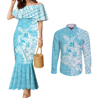Hawaii Kanaka Maoli Couples Matching Mermaid Dress and Long Sleeve Button Shirt Polynesian Turtle Tattoo DT05 Blue - Polynesian Pride