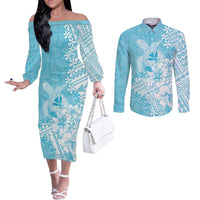 Hawaii Kanaka Maoli Couples Matching Off The Shoulder Long Sleeve Dress and Long Sleeve Button Shirt Polynesian Turtle Tattoo DT05 Blue - Polynesian Pride