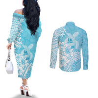 Hawaii Kanaka Maoli Couples Matching Off The Shoulder Long Sleeve Dress and Long Sleeve Button Shirt Polynesian Turtle Tattoo DT05 - Polynesian Pride