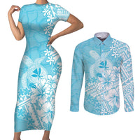 Hawaii Kanaka Maoli Couples Matching Short Sleeve Bodycon Dress and Long Sleeve Button Shirt Polynesian Turtle Tattoo DT05 Blue - Polynesian Pride