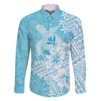 Hawaii Kanaka Maoli Family Matching Off The Shoulder Long Sleeve Dress and Hawaiian Shirt Polynesian Turtle Tattoo DT05 Dad's Shirt - Long Sleeve Blue - Polynesian Pride