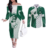 Custom Hawaii Volleyball Couples Matching Off The Shoulder Long Sleeve Dress and Long Sleeve Button Shirt Shaka Aloha Hand DT05 Green - Polynesian Pride