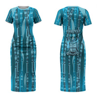 Personalised Fiji Language Week Sugarcane Masi Couples Matching Short Sleeve Bodycon Dress and Hawaiian Shirt Blue Tapa Tribal Pattern DT05 - Polynesian Pride