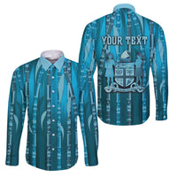 Personalised Fiji Language Week Sugarcane Masi Family Matching Off Shoulder Short Dress and Hawaiian Shirt Blue Tapa Tribal Pattern DT05 Dad's Shirt - Long Sleeve Blue - Polynesian Pride