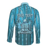 Personalised Fiji Language Week Sugarcane Masi Long Sleeve Button Shirt Blue Tapa Tribal Pattern DT05 - Polynesian Pride