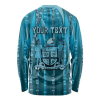Personalised Fiji Language Week Sugarcane Masi Long Sleeve Shirt Blue Tapa Tribal Pattern DT05 - Polynesian Pride