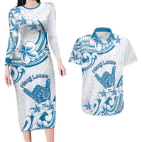 Aloha Hawaii Shaka Couples Matching Long Sleeve Bodycon Dress and Hawaiian Shirt Hang Loose Blue Version DT05 Blue - Polynesian Pride