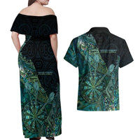 Personalised New Zealand Dart Couples Matching Off Shoulder Maxi Dress and Hawaiian Shirt Maori Fern With Paua Shell DT05 - Polynesian Pride