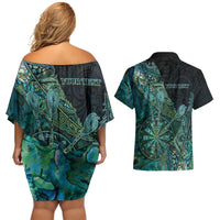 Personalised New Zealand Dart Couples Matching Off Shoulder Short Dress and Hawaiian Shirt Maori Fern With Paua Shell DT05 - Polynesian Pride