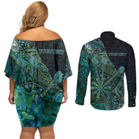 Personalised New Zealand Dart Couples Matching Off Shoulder Short Dress and Long Sleeve Button Shirt Maori Fern With Paua Shell DT05 - Polynesian Pride