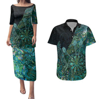 Personalised New Zealand Dart Couples Matching Puletasi and Hawaiian Shirt Maori Fern With Paua Shell DT05 Green - Polynesian Pride