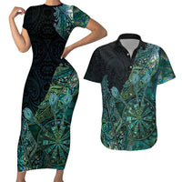 Personalised New Zealand Dart Couples Matching Short Sleeve Bodycon Dress and Hawaiian Shirt Maori Fern With Paua Shell DT05 Green - Polynesian Pride
