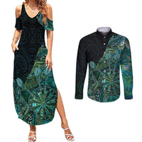 Personalised New Zealand Dart Couples Matching Summer Maxi Dress and Long Sleeve Button Shirt Maori Fern With Paua Shell DT05 Green - Polynesian Pride