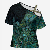 Personalised New Zealand Dart Cross Shoulder Shirt Maori Fern With Paua Shell DT05 Female Green - Polynesian Pride