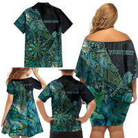 Personalised New Zealand Dart Family Matching Off Shoulder Short Dress and Hawaiian Shirt Maori Fern With Paua Shell DT05 - Polynesian Pride