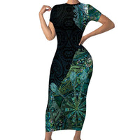 Personalised New Zealand Dart Short Sleeve Bodycon Dress Maori Fern With Paua Shell DT05 Long Dress Green - Polynesian Pride