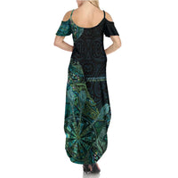 Personalised New Zealand Dart Summer Maxi Dress Maori Fern With Paua Shell DT05 - Polynesian Pride