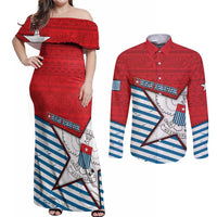 West Papua Morning Star Couples Matching Off Shoulder Maxi Dress and Long Sleeve Button Shirt One People One Soul DT05 Red - Polynesian Pride
