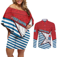 West Papua Morning Star Couples Matching Off Shoulder Short Dress and Long Sleeve Button Shirt One People One Soul DT05 Red - Polynesian Pride