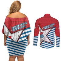 West Papua Morning Star Couples Matching Off Shoulder Short Dress and Long Sleeve Button Shirt One People One Soul DT05 - Polynesian Pride