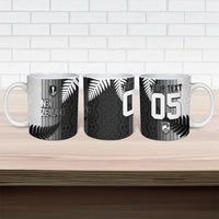 Custom New Zealand Football Ceramic Mug Silver Fern Maori Pattern Monochrome