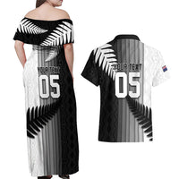 Custom New Zealand Football Couples Matching Off Shoulder Maxi Dress and Hawaiian Shirt Silver Fern Maori Pattern Monochrome DT05 - Polynesian Pride