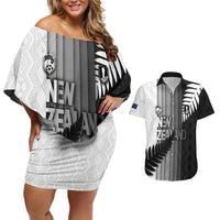 Custom New Zealand Football Couples Matching Off Shoulder Short Dress and Hawaiian Shirt Silver Fern Maori Pattern Monochrome DT05 White - Polynesian Pride