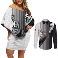 Custom New Zealand Football Couples Matching Off Shoulder Short Dress and Long Sleeve Button Shirt Silver Fern Maori Pattern Monochrome DT05 White - Polynesian Pride