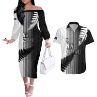 Custom New Zealand Football Couples Matching Off The Shoulder Long Sleeve Dress and Hawaiian Shirt Silver Fern Maori Pattern Monochrome DT05 White - Polynesian Pride
