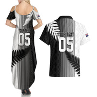Custom New Zealand Football Couples Matching Summer Maxi Dress and Hawaiian Shirt Silver Fern Maori Pattern Monochrome DT05 - Polynesian Pride