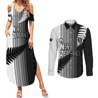 Custom New Zealand Football Couples Matching Summer Maxi Dress and Long Sleeve Button Shirt Silver Fern Maori Pattern Monochrome DT05 White - Polynesian Pride