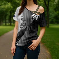 Custom New Zealand Football Cross Shoulder Shirt Silver Fern Maori Pattern Monochrome DT05 - Polynesian Pride