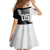 Custom New Zealand Football Family Matching Off Shoulder Short Dress and Hawaiian Shirt Silver Fern Maori Pattern Monochrome DT05 - Polynesian Pride