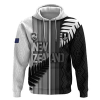 Custom New Zealand Football Hoodie Silver Fern Maori Pattern Monochrome DT05 Zip Hoodie White - Polynesian Pride