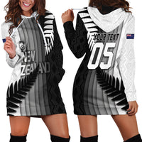 Custom New Zealand Football Hoodie Dress Silver Fern Maori Pattern Monochrome DT05 - Polynesian Pride