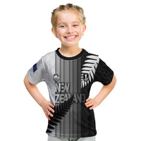 Custom New Zealand Football Kid T Shirt Silver Fern Maori Pattern Monochrome DT05 White - Polynesian Pride