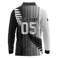 Custom New Zealand Football Long Sleeve Polo Shirt Silver Fern Maori Pattern Monochrome DT05 - Polynesian Pride