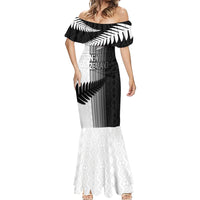 Custom New Zealand Football Mermaid Dress Silver Fern Maori Pattern Monochrome DT05 - Polynesian Pride