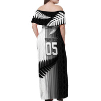 Custom New Zealand Football Off Shoulder Maxi Dress Silver Fern Maori Pattern Monochrome DT05 - Polynesian Pride