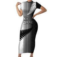 Custom New Zealand Football Short Sleeve Bodycon Dress Silver Fern Maori Pattern Monochrome DT05 Long Dress White - Polynesian Pride