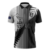 Custom New Zealand Football Zipper Polo Shirt Silver Fern Maori Pattern Monochrome DT05 White - Polynesian Pride